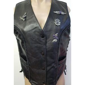 Vintage Black Leather motorcycle Vest USA Bikers Laughlin River Run Pins